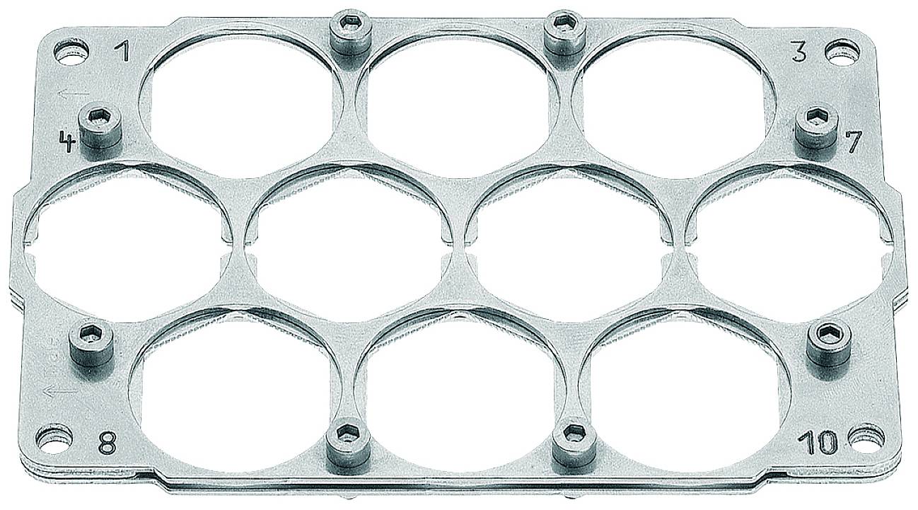 Eine silberne Metallplatte mit zehn kreisförmigen Öffnungen, nummeriert von 1 bis 10, zur Halterung von zylindrischen Objekten.
