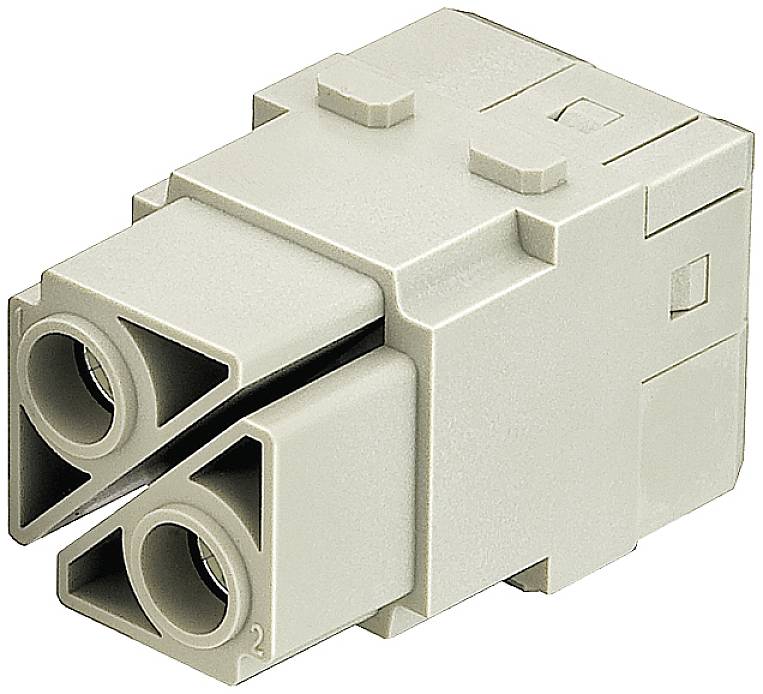 Ein grauer Steckverbinder mit zwei Buchsenöffnungen, verwendet für die elektrische Verbindung von Kabeln in Geräten.