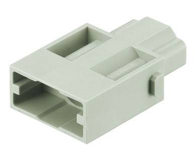 Ein grauer Kunststoffstecker mit rechteckiger Form und mehreren Aussparungen für elektrische Verbindungen.