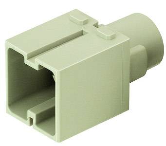 Ein grüner, rechteckiger Kunststoff-Steckeradapter mit zwei Öffnungen und zylindrischem Anschluss, verwendet in elektronischen Geräten.