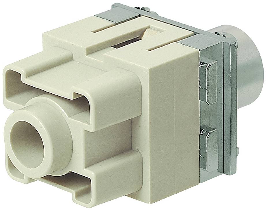 Elektrischer Steckverbinder: weißes, rechteckiges Kunststoffgehäuse mit metallischen Kontakten. Verwendet für Kabelverbindungen.