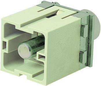 Ein quadratischer, grüner Kunststoffstecker mit Metallstift in der Mitte, geeignet für elektrische Verbindungen.