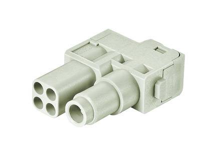 Ein grauer, rechteckiger elektrischer Steckverbinder mit vier Löchern und zwei runden Stiften.