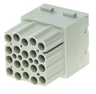 Ein grauer Steckverbinder mit mehreren runden Öffnungen, nummeriert von 1 bis 20, für industrielle elektrische Anwendungen.