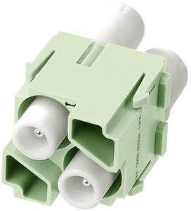 Grüner und weißer elektrischer Steckverbinder mit drei Anschlüssen, verwendet zur sicheren Verbindung von Kabeln in Elektroinstallationen.