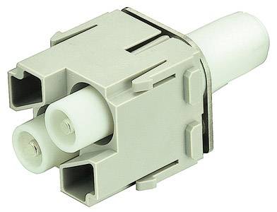 Ein weißer elektrischer Stecker mit drei Anschlusspins und rechteckigen Hohlräumen. Geeignet für den Anschluss von Kabeln.