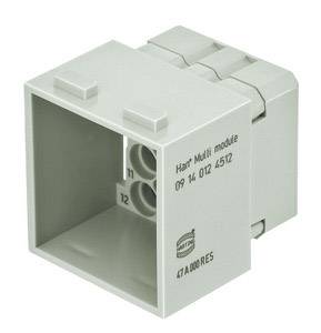 Ein graues elektrisches Modul mit der Aufschrift 'Harting 09 14 012 4512' und '47A 000 RES', zeigt Anschlüsse und Steckplätze.