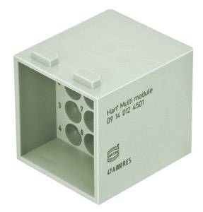 Ein rechteckiges grünes Kastenmodul mit der Aufschrift 'Hart Multimodule 09 14 012 4501'. Es hat vier runde Löcher auf der Frontseite.