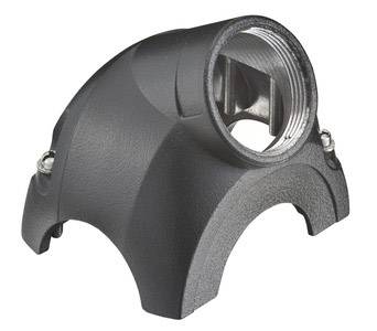 Ein schwarzes, gewölbtes Metallteil mit Gewindeöffnung und zwei seitlichen Schraubenlöchern. Möglicherweise ein Verbindungselement.