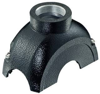 Ein schwarzer Metalladapter mit gewölbter Oberfläche und Gewindeöffnung oben, vermutlich für Rohrverbindungen.