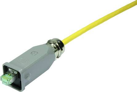 Ein gelbes Ethernet-Kabel mit einem grauen, metallumrandeten Stecker. Geeignet für Netzwerkanwendungen.