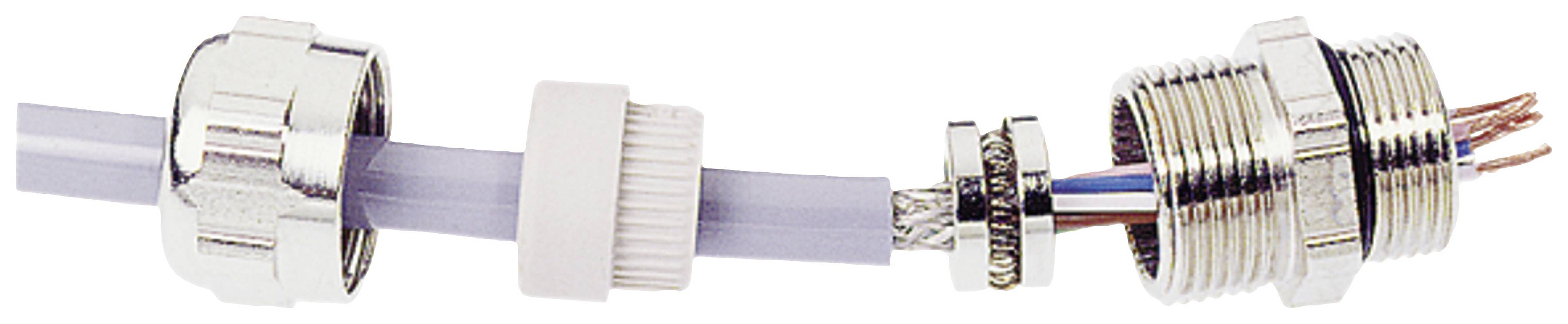 Ein RJ45-Stecker für Netzwerkverbindungen, teilweise zerlegt, zeigt die einzelnen Komponenten wie Kabelschutz und Metallgehäuse.