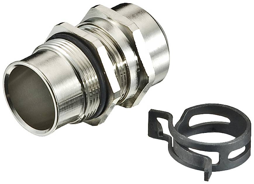 Metallischer Kabelverschraubung mit Dichtung und Kunststoff-Sicherungsclip, verwendet zur Befestigung und Abdichtung von Kabeln.