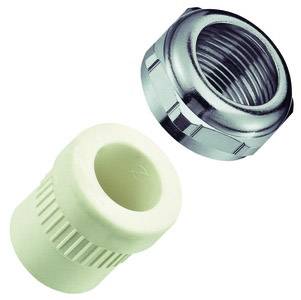 Ein Kunststoffadapter und eine Metallverschraubung, die für Sanitär- oder Rohrinstallationen verwendet werden.