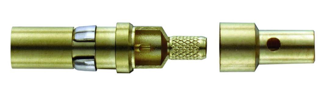 Metall-Steckverbinder, bestehend aus drei Teilen: ein Stecker, eine Mittelhülse mit Verriegelung und eine Endhülse, separat dargestellt.
