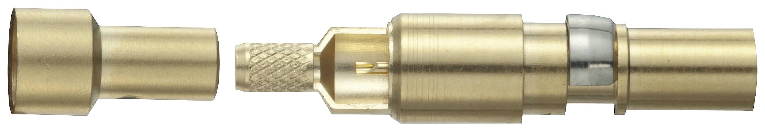 Ein auseinandergebauter Metallverbinder. Links sind zwei konische Teile, rechts ein Verbindungsstück mit gerändelter Oberfläche.