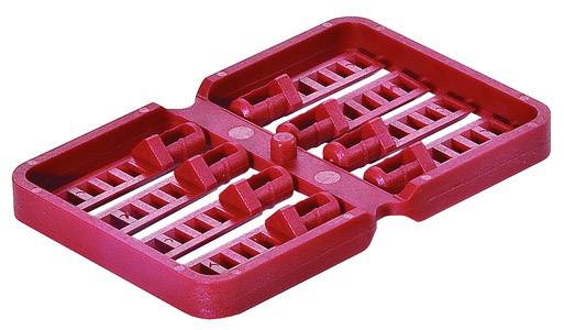 Ein roter Backformhalter mit mehreren Fächern, um zwei Backformen parallel aufzunehmen.