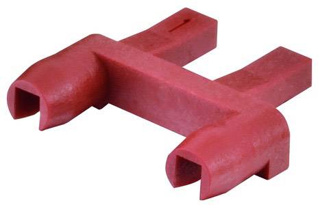Rotes Kunststoffbauteil mit zwei halbrunden Enden und einer Brückenstruktur in der Mitte, möglicherweise ein Verbindungselement.