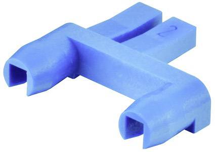 Ein blauer, plastikähnlicher Steckverbinder in H-Form mit zwei gegenüberliegenden Öffnungen.