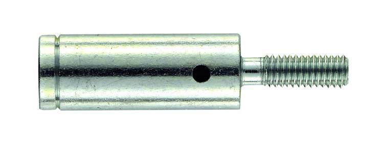 Ein Metallstift mit Gewinde rechts und einer glatten zylindrischen Oberfläche links, möglicherweise ein Bolzen oder Verbindungsstück.