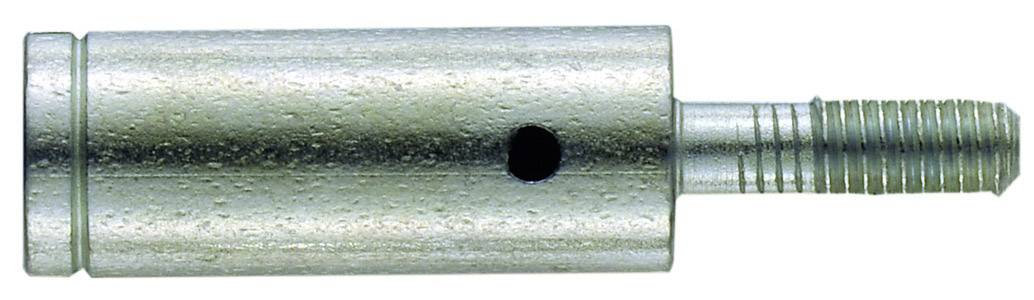 Silberne Metallrolle mit seitlichem Loch und Schraubgewinde rechts.