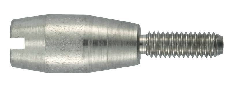 Metallener Schraubaufsatz mit geriffeltem Schaft und schlitzförmiger Nut vorne, auf weißem Hintergrund. Geeignet für Maschinenmontage.
