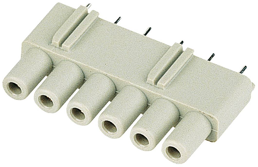 Ein graues, sechspoliges Steckverbinder-Gehäuse mit seitlichen Führungsrillen, zur Aufnahme von Stiften einer elektrischen Verbindung.