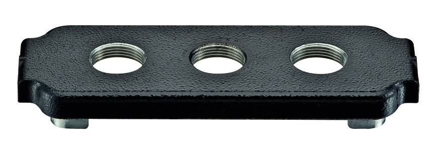 Metallplatte mit drei zentralen Gewindelöchern, verwendet zur Befestigung von Bauteilen.