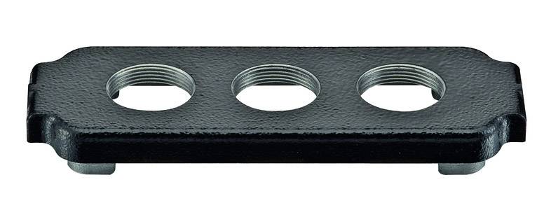 Schwarze Metallplatte mit drei Gewindebohrungen, horizontal angeordnet.