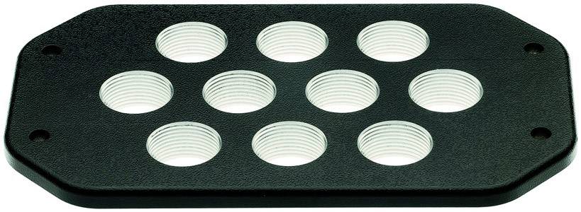 Schwarze Platte mit neun kreisförmigen Öffnungen, die wahrscheinlich zur Befestigung oder für Kabeldurchgänge verwendet wird.