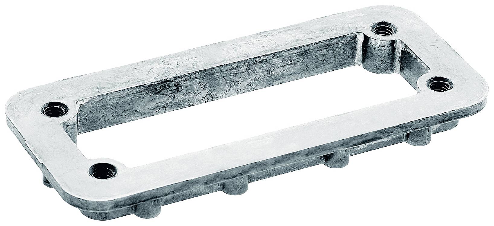 Ein rechteckiger Metallrahmen mit abgerundeten Ecken und mehreren Bohrlöchern. Verwendung als Befestigungselement oder Halterung.