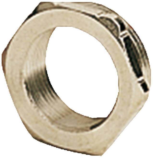 Sechskantmutter aus Metall, seitlich abgebildet. Sie hat ein Innengewinde und wird oft im Maschinenbau zur Befestigung verwendet.