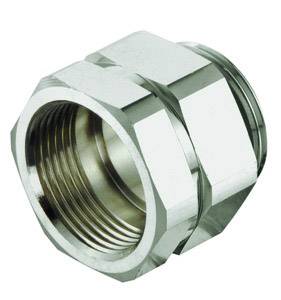 Metallische Kabelverschraubung, sechseckig mit Innengewinde, glänzende Oberfläche. Wird in der Elektronik zur sicheren Kabelverbindung benutzt.