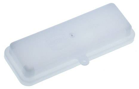 Ein rechteckiger, transparenter Deckel aus Kunststoff mit einem kleinen Loch in der Mitte, geeignet zum Abdecken eines Behälters.