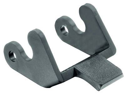 Ein schwarz lackiertes Metallteil mit zwei vertikalen Haken und einer flachen Basis. Es scheint Teil einer mechanischen Vorrichtung zu sein.