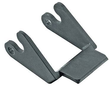 Ein grau-schwarzes Metallwerkzeug mit zwei hervorstehenden Zinken. Es wirkt robust und ist möglicherweise ein spezielles Bauteil.