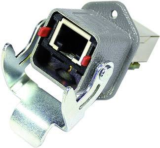 Abbildung eines RJ45-Netzwerksteckverbinders mit Metallrahmen.