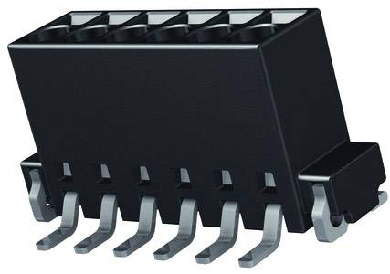Schwarzer elektronischer Steckverbinder mit sieben Metallpins zur Befestigung an einer Leiterplatte, seitlich zu sehen.