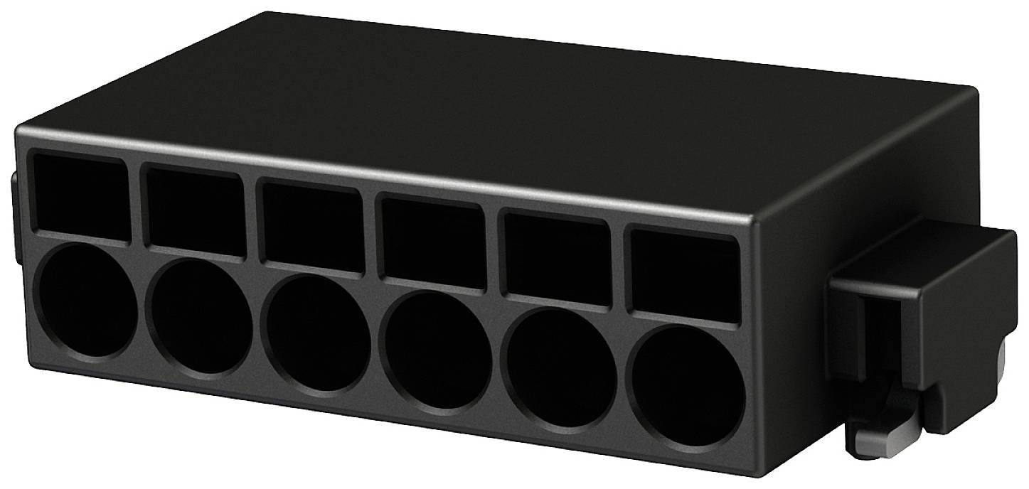 Modulares Steckverbindungselement mit mehreren rechteckigen und runden Anschlüssen, schwarzes Gehäuse, seitliche Verriegelung.