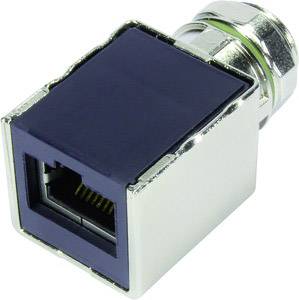 Metallischer RJ45-Netzwerkadapter mit quadratischer Form und einem Netzwerkkabelanschluss. Verwendet zur Verbindung von Netzwerkkabeln.