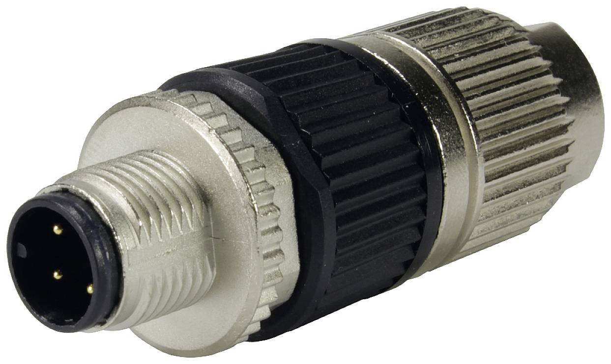 Ein Metallstecker mit vier Pins, meist für elektrische Verbindungen, liegt auf einer hellen Oberfläche.