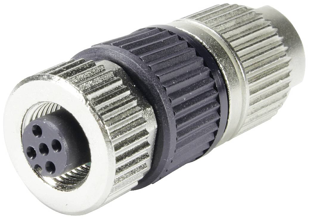 Steckverbinder mit mehreren metallischen Kontakten, umgeben von einem gerippten Gehäuse.