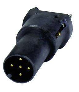 Ein schwarzer, 6-poliger Steckverbinder mit zylindrischem Gehäuse und Metallstiften, geeignet für elektrische Verbindungen.