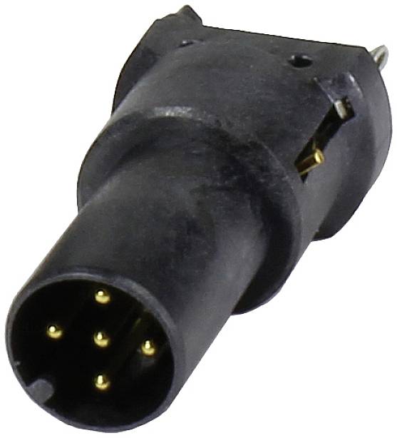 Sechspoliger DIN-Stecker mit schwarzem Gehäuse, seitliche Metallkontakte sichtbar. Verwendet für Audio- und Datenverbindungen.
