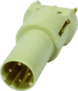 Ein runder, beigefarbener Stecker mit mehreren Metallstiften, vermutlich für elektrische oder elektronische Verbindungen geeignet.