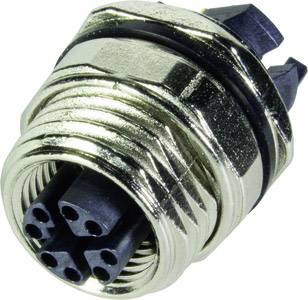 Ein rundes, metallisch aussehendes Steckverbinderelement mit mehreren schwarzen Buchsenöffnungen, geeignet für elektronische Verbindungen.