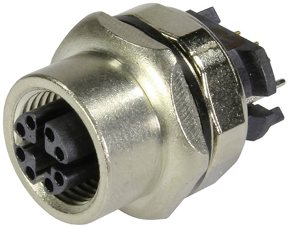 Runder Metallstecker mit mehreren schwarzen Pins zur elektrischen Verbindung.