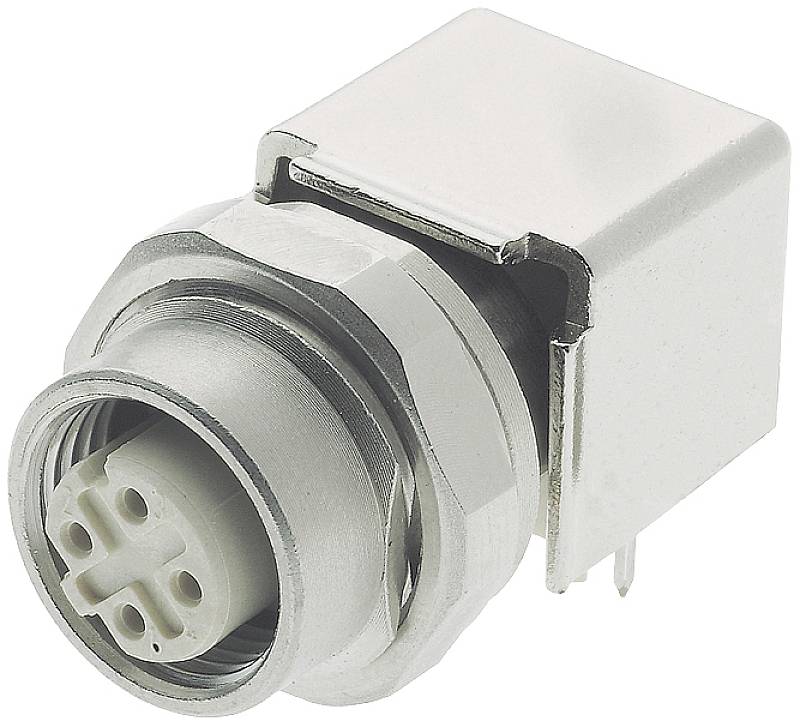 Silberner M12-Stecker mit rundem, mehrpoligem Anschluss auf Kunststoffbasis, geeignet für industrielle oder mechanische Anwendungen.