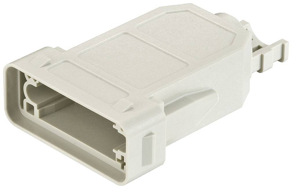 Beige Kunststoff-Steckergehäuse mit rechteckiger Form und seitlicher Aussparung, geeignet für elektrische Verbindungselemente.