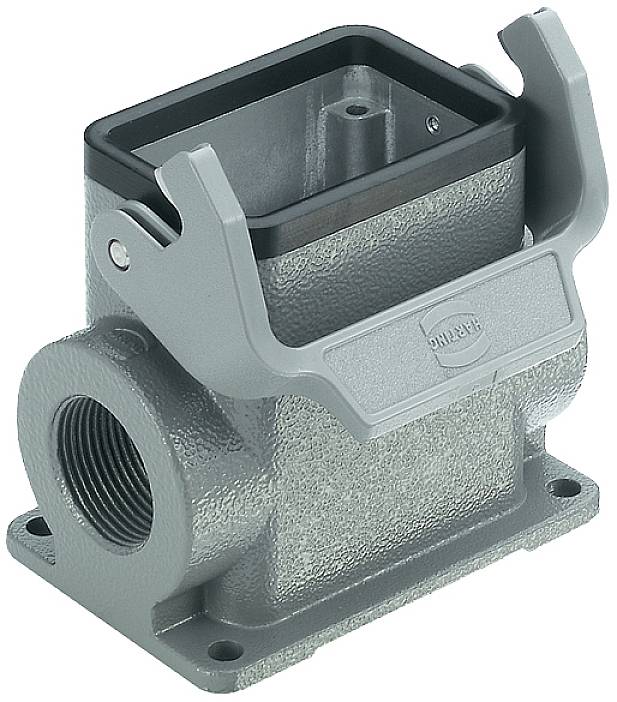 Metallisches Industriegehäuse mit seitlichem Gewindeanschluss und zwei seitlichen Verschlussbügeln, geeignet für Steckverbindungen.